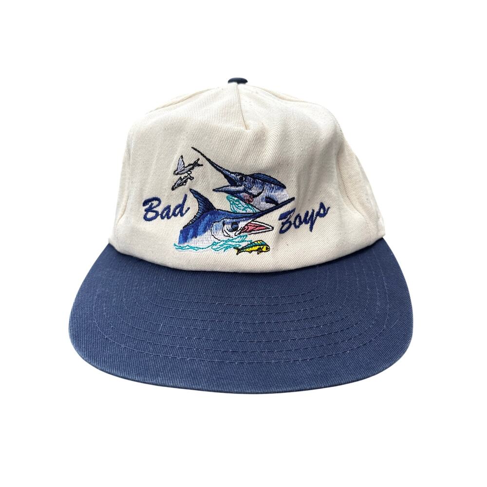 Vtg Bad Boys Sailfish Marlin embroidered fishing tan blue SnapBack hat